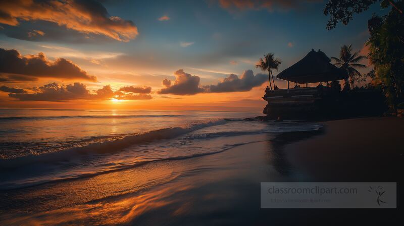 Golden hues dance across the horizon as the sun sets over a peaceful Bali beach. Silhouettes of palm trees gently sway, creating a serene atmosphere perfect for reflection.