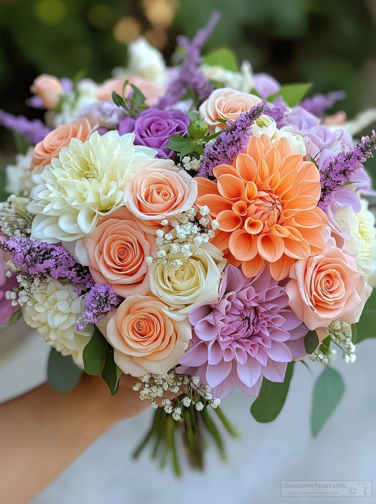 A bride holds a stunning bouquet featuring dahlias roses and lavender in pastel colors. The arrangement includes orange pink white and purple flowers embodying romance on her special day.