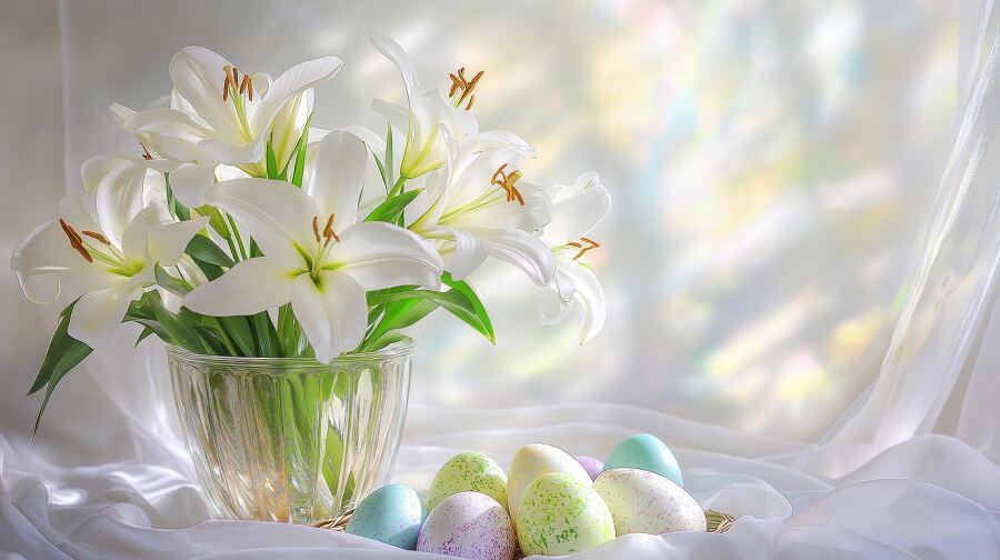 Fresh white lilies in a vase surrounded by decorated Easter eggs create a festive atmosphere