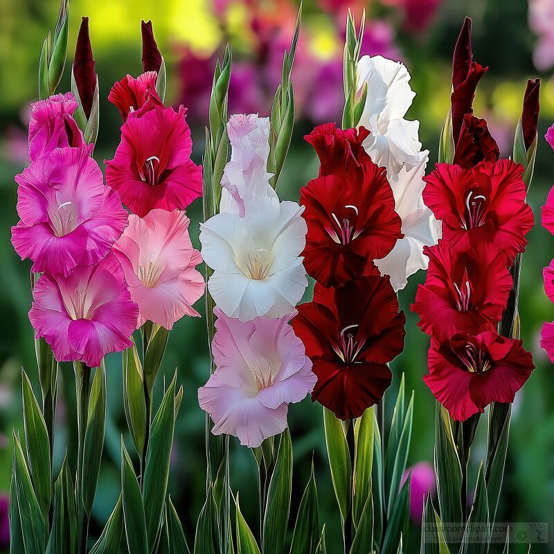 Red pink violet and white gladiolus flowers bloom with large heads in a garden. The colorful blossoms stand tall amongst lush green leaves showcasing nature