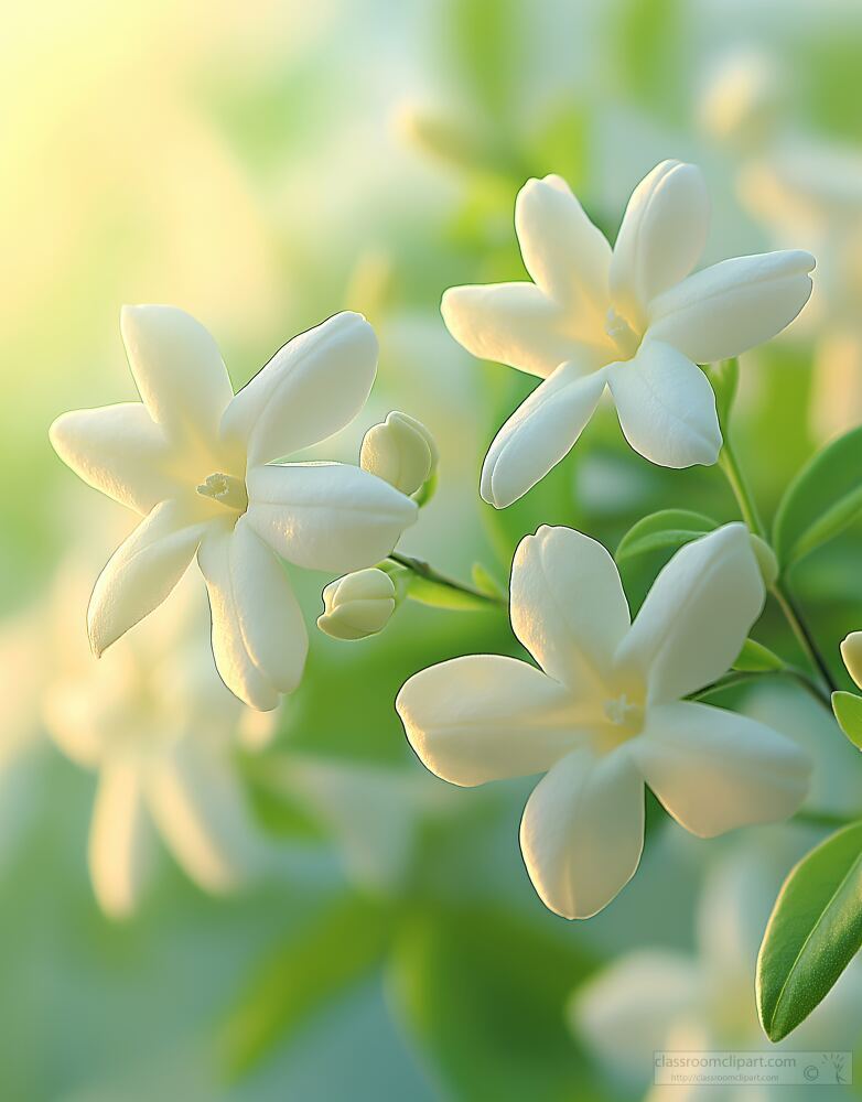 Delicate white jasmine flowers display their beauty under soft sunlight surrounded by lush green leaves. Their sweet fragrance fills the air creating a serene atmosphere in nature.