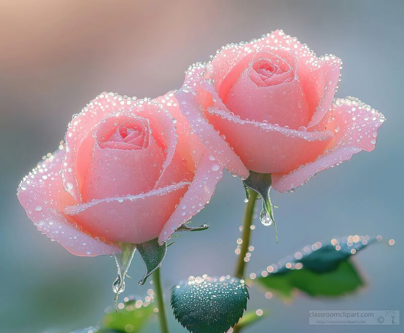 Two delicate pink roses are adorned with glistening dew drops creating a romantic and dreamy atmosphere. The soft pastel hues evoke feelings of love and tranquility.