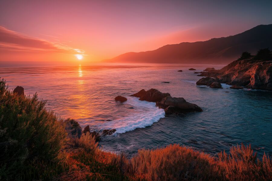 Vibrant sunset colors reflect off calm waves along a rocky beach creating a tranquil atmosphere