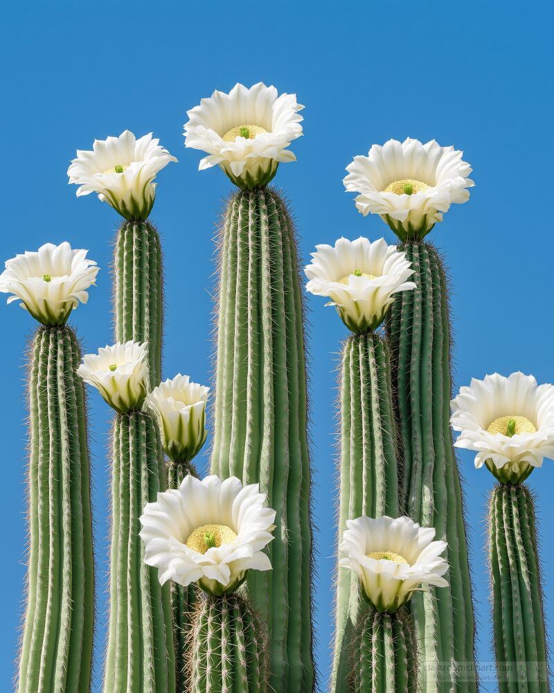 Tall slender cacti adorned with vibrant white flowers rise against a clear blue sky. This aesthetic capture showcases nature