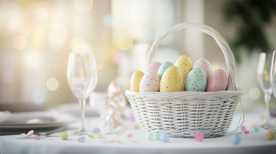 A white woven basket holds pastel Easter eggs enhancing a festive table setting