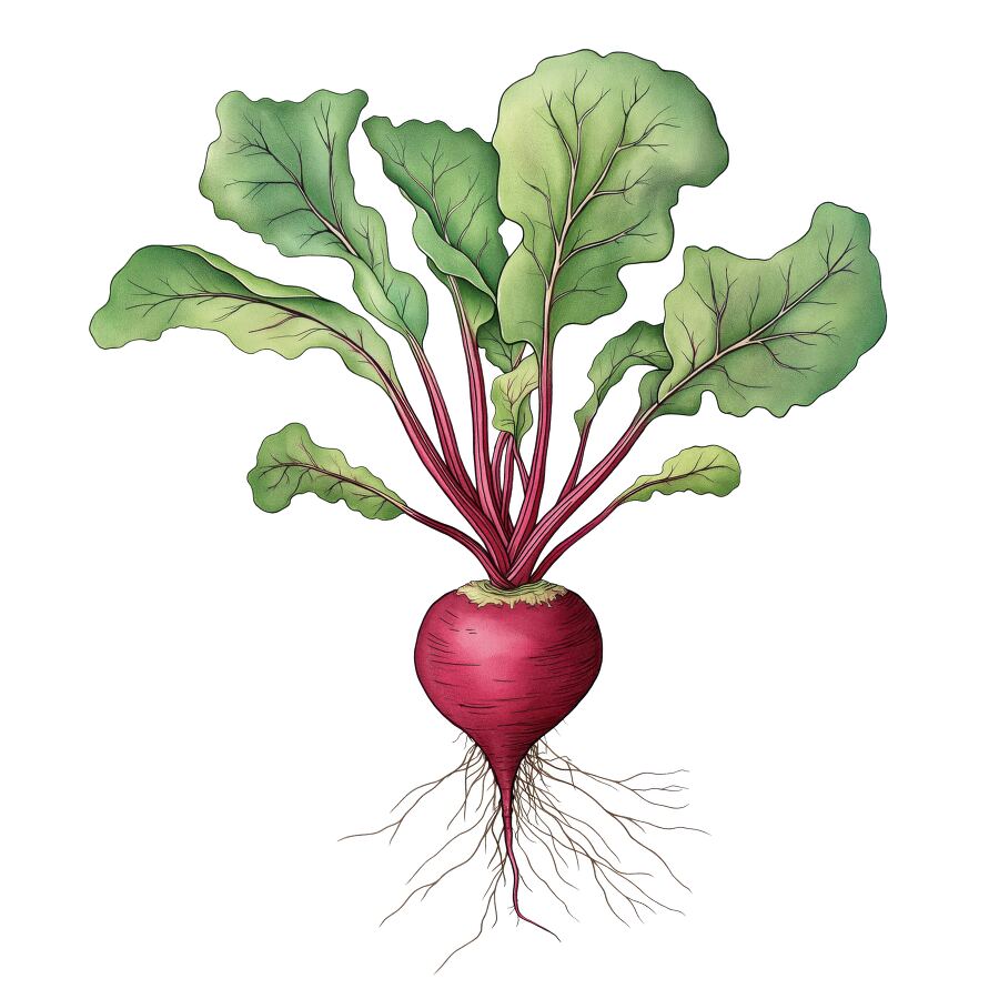 Botanical study showcasing a beetroot plant with lush green leaves and striking red flowers