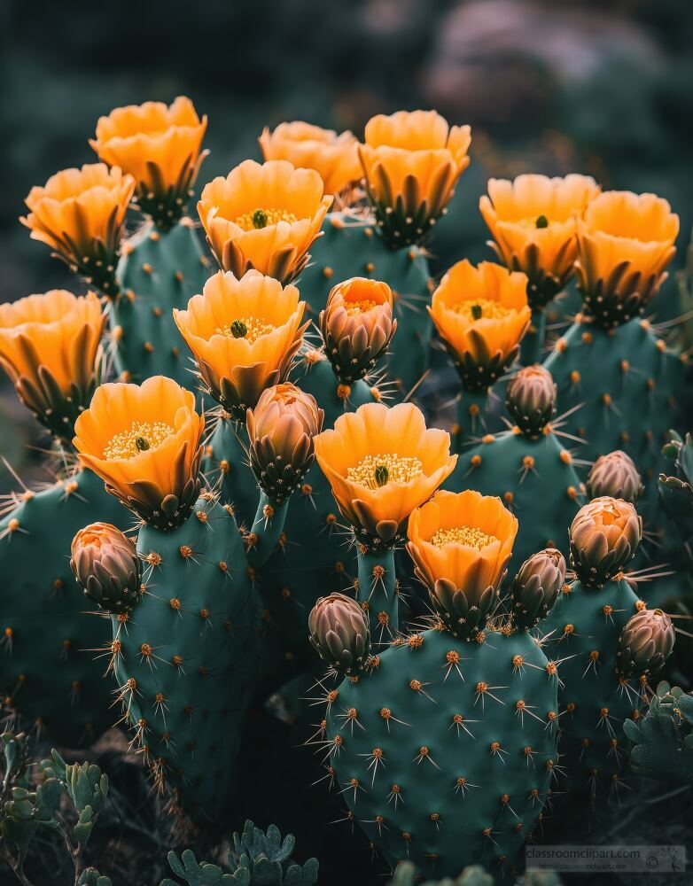 A beautiful cactus thrives in a natural setting showcasing brilliant orange flowers that bloom under the sunlight. The scene captures the essence of desert flora and vibrant colors.