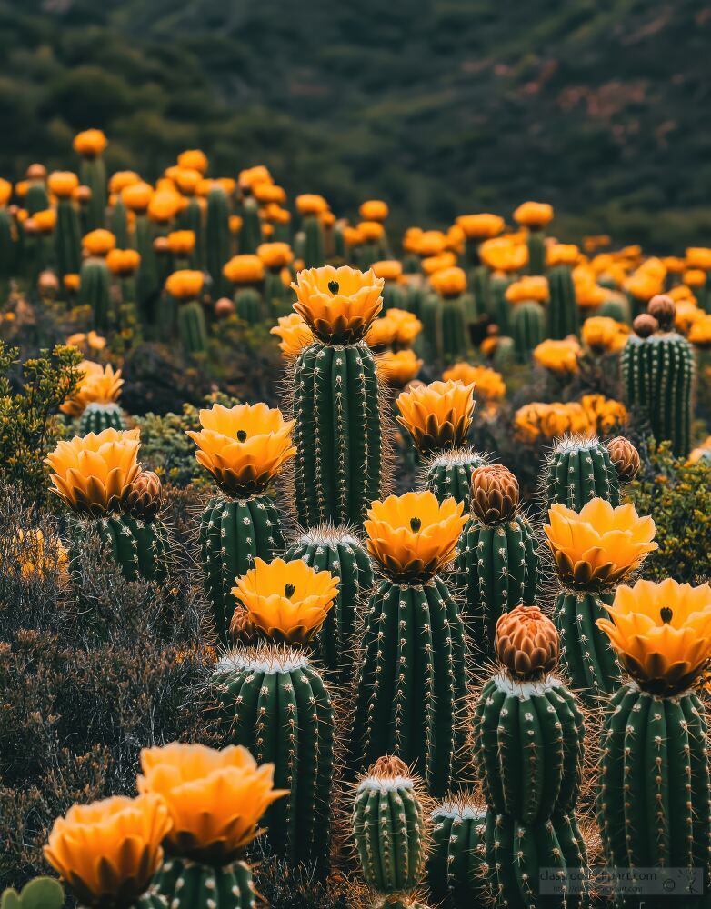 A stunning display of blooming cacti showcases vibrant orange flowers in a natural landscape. The scene captures the beauty of these unique plants thriving under warm sunlight.