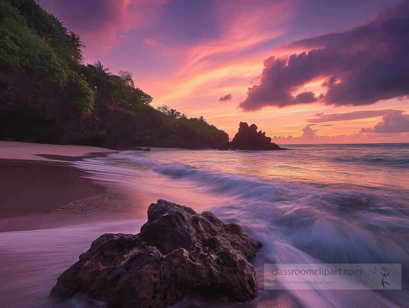 As the sun sets in a blaze of colors, waves gently caress the shore, revealing stunning rock formations. This peaceful moment captures nature’s beauty and serenity.