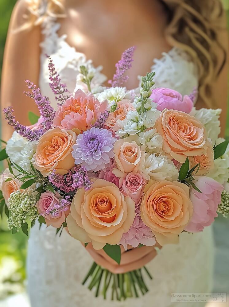 A bride joyfully holds her vibrant bouquet of pink peach and white flowers outdoors. Soft sunlight filters through trees enhancing the beauty of her colorful floral arrangement.