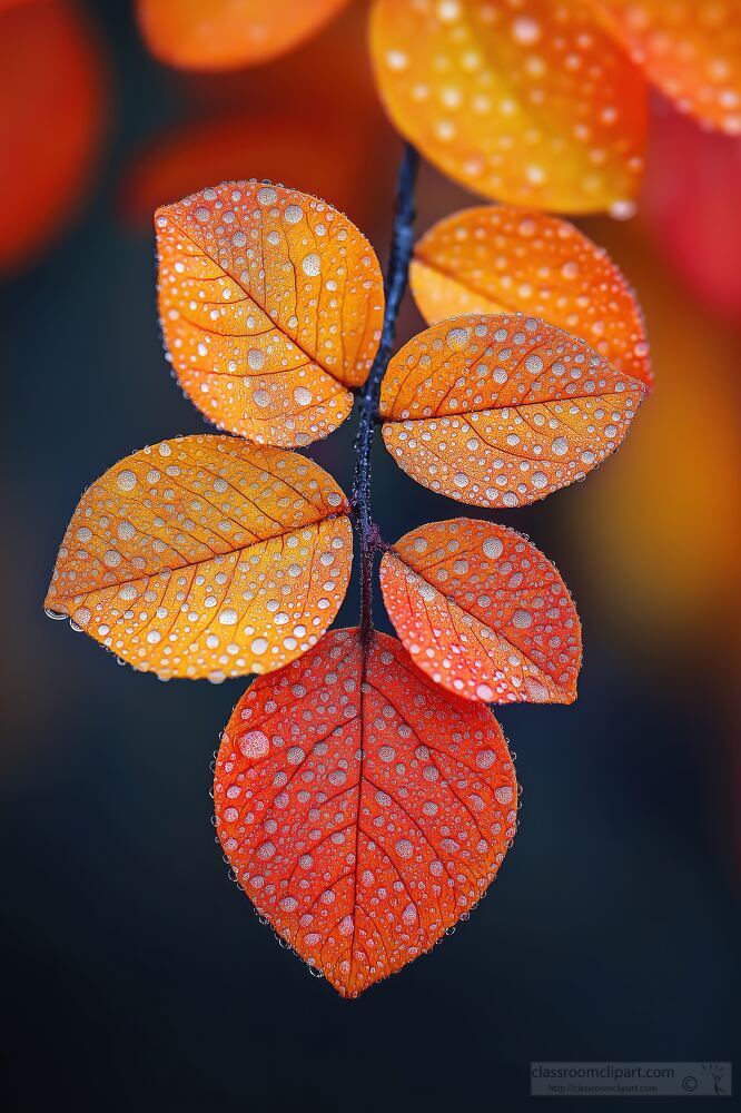 Colorful orange and red leaves on a branch display droplets of rain capturing the essence of the autumn season. The vibrant hues create a stunning contrast against a dark background.