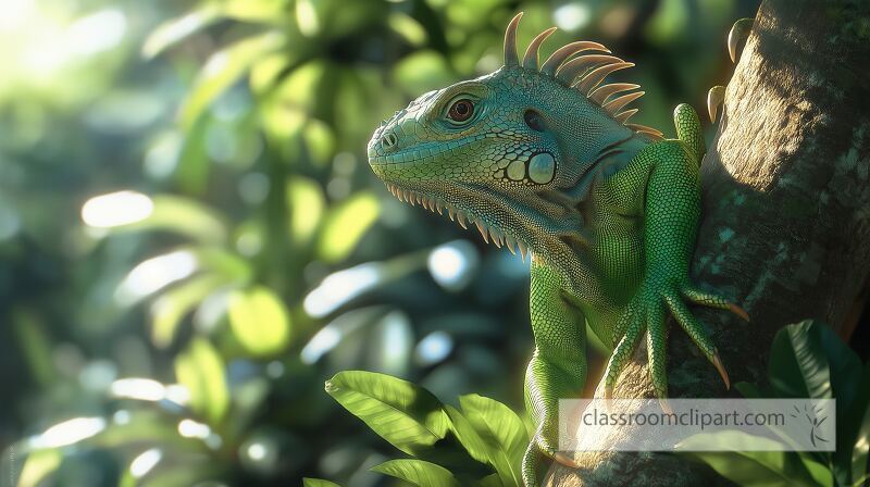 A vivid green iguana navigates the branches of a tree surrounded by abundant foliage Sunlight filters through the leaves creating a serene atmosphere This scene captures natural beauty