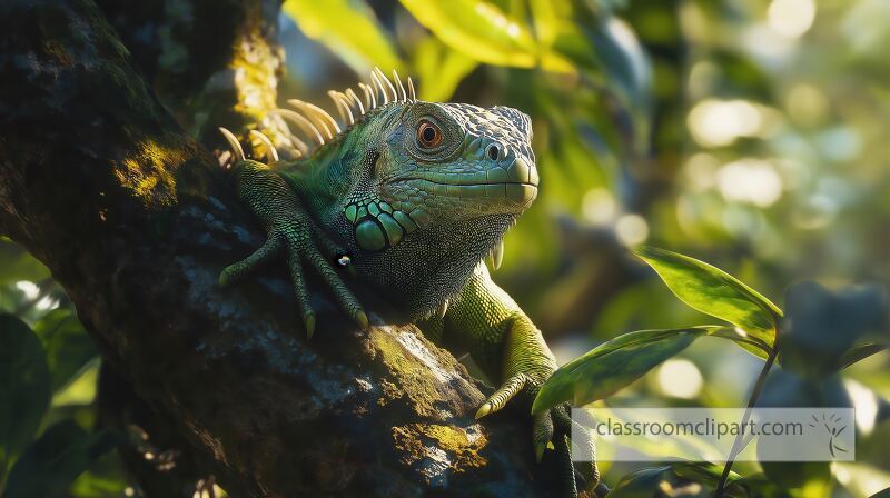 A vibrant green iguana navigates its way up a tree blending seamlessly with the lush foliage around it Sunlight filters through the leaves illuminating its vibrant scales