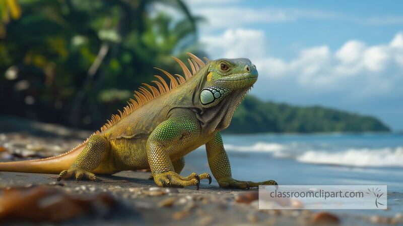 A vibrant bright green iguana traverses the sandy beach in Costa Rica showcasing its unique features against the backdrop of lush vegetation and a sparkling ocean