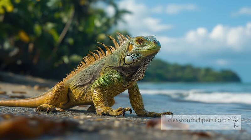 A vibrant green iguana walks along the sandy shore in Costa Rica The sun shines down on the landscape enhancing the colors and showcasing the beautiful environment