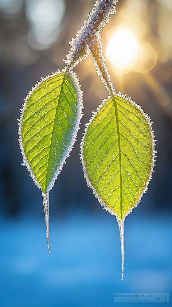 Two green leaves hang from an ice covered branch adorned with delicate rime. Sunlight filters through illuminating the winter landscape against a soft blue sky.