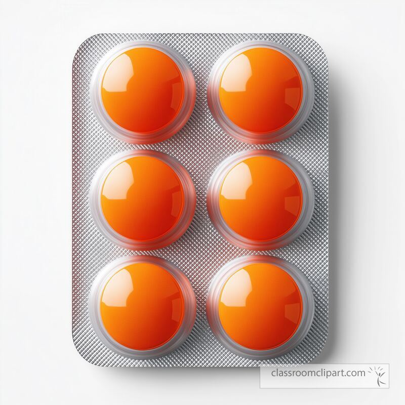 Six bright orange circular tablets arranged in a blister pack The smooth surface reflects light showcasing the vibrant color Ideal for health and wellness applications