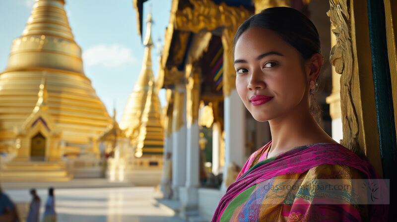 Standing gracefully beside a stunning pagoda with shimmering golden spires, a Burmese woman showcases her vibrant longyi.