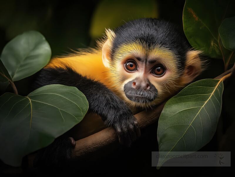 A realistic capuchin monkey lounges comfortably on a branch, surrounded by vibrant green foliage. Its curious gaze captures the essence of a tranquil afternoon in the tropical rainforest.