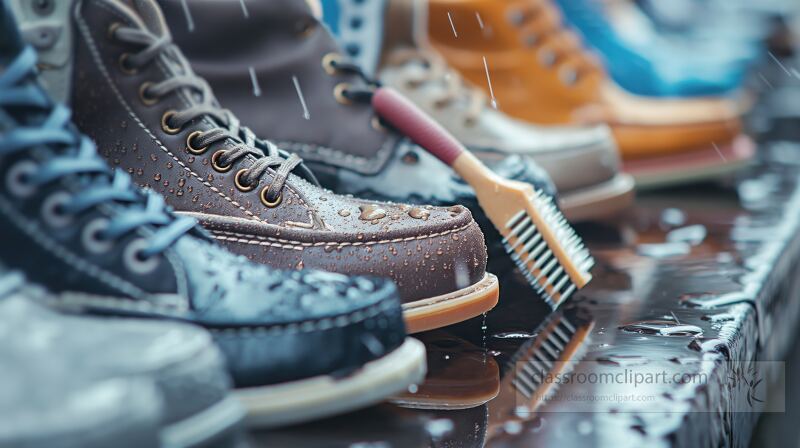 A collection of clean shoes is neatly arranged, showcasing one being brushed with a soft brush. Water droplets glisten in the background, adding an artistic touch to the scene.