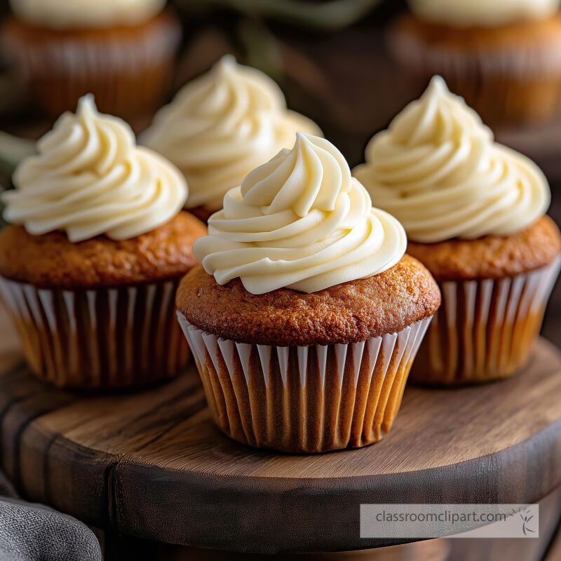 Delicious carrot cake muffins topped with creamy frosting are arranged beautifully on a rustic wooden tray Perfectly baked these treats are ready for enjoyment at any gathering