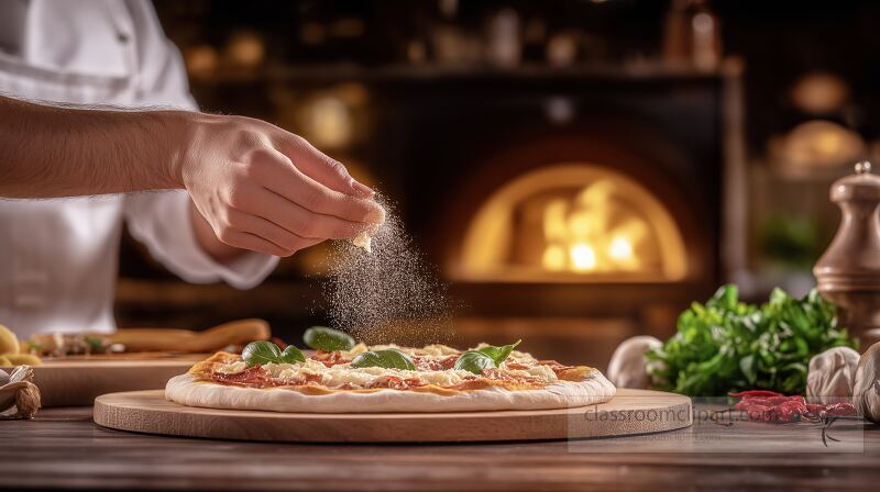 A chef skillfully sprinkles cheese on a freshly crafted pizza The warm ambiance includes a traditional oven in the background enhancing the culinary experience