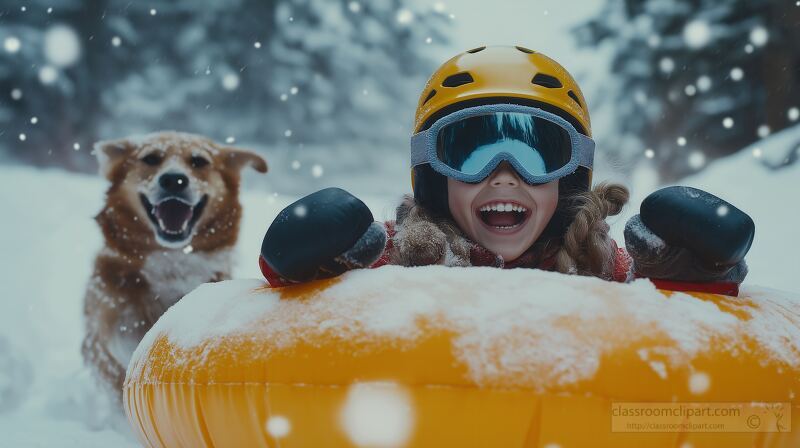 Child Joyfully Sliding Down a Snowy Hill With a Dog