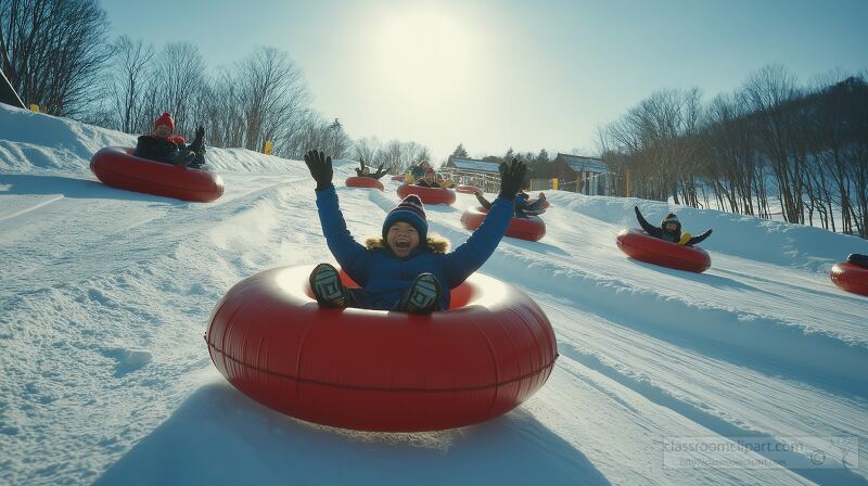 Children Enjoying a Fun Day on Inflatable Tubes in Snow