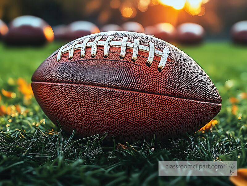 A detailed close up of a football resting on vibrant green grass during sunset The warm light highlights the texture and stitching creating an inviting atmosphere for sport