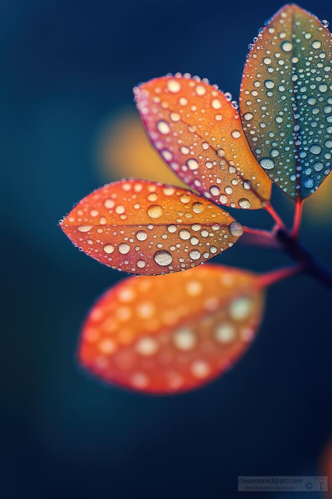 A vibrant close up captures autumn leaves adorned with dew showcasing rich colors against a softly blurred backdrop. The subtle glow adds a serene atmosphere to the scene.