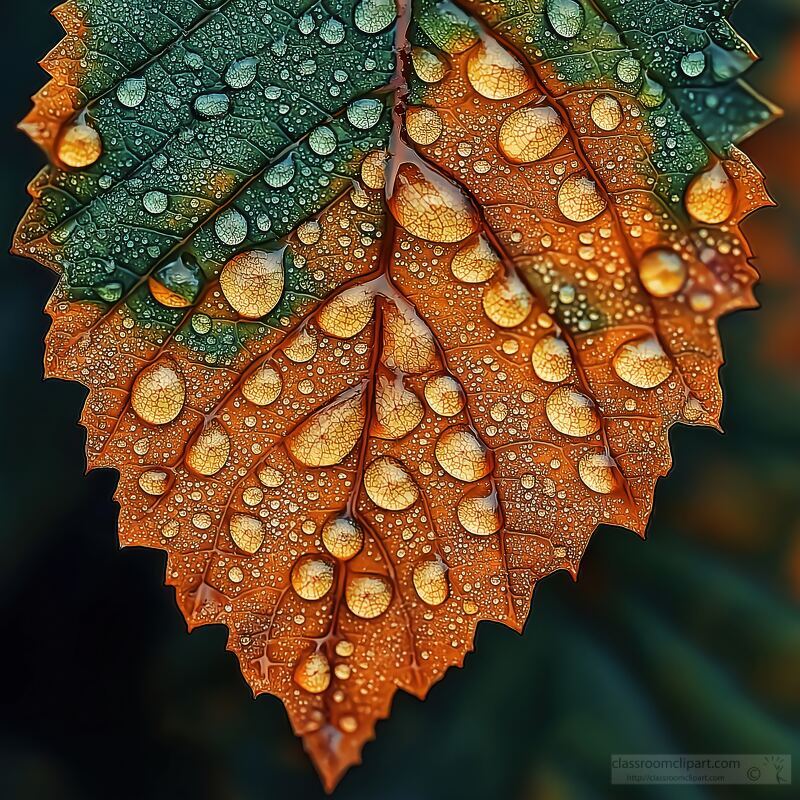 A beautifully detailed leaf glistens with dew droplets showcasing vibrant colors and textures emphasizing the wonders of nature. This scene captures the freshness of early morning.