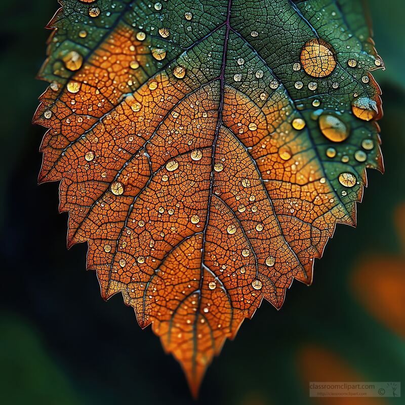 Close up View of Orange Leaf With Dew