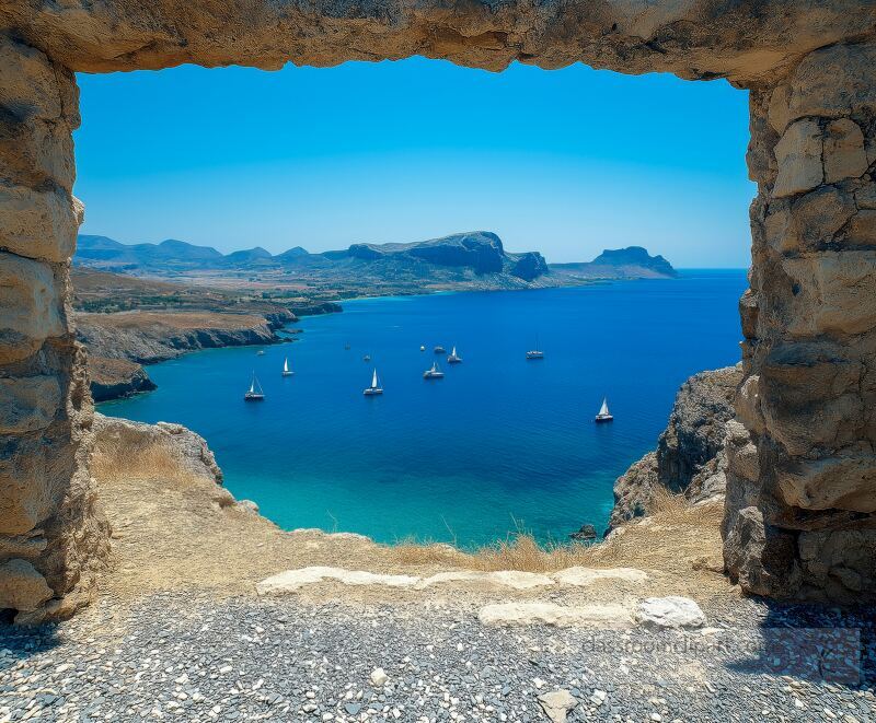 Serene turquoise bay surrounded by rocky cliffs features scattered sailboats on calm waters Bright blue sky enhances the tranquil Mediterranean landscape in Rhodes