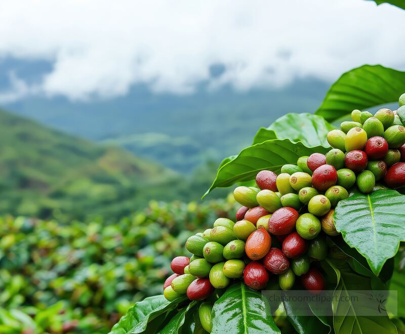 Coffee beans are maturing on plants in Costa Ricas scenic hills The vibrant greenery contrasts with the colorful beans showcasing the regions fertile coffee growing environment