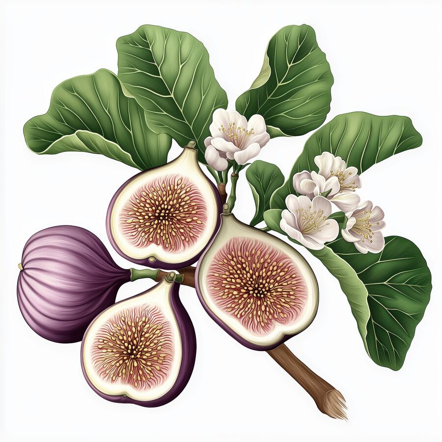 A drawing shows a fig branch with ripe figs and delicate flowers on a white background