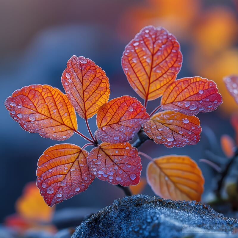 Vibrant autumn leaves display stunning hues of orange and red glistening with dew in a northern Norway forest. This serene natural setting showcases the beauty of the season.