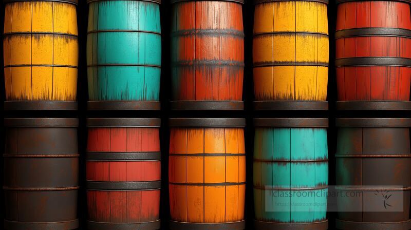 Vibrant barrels are arranged in neat stacks showcasing a variety of colors including yellow red and teal The setting is indoors hinting at a storage or industrial location