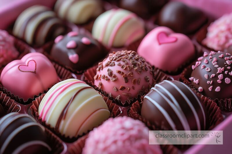 Delicate chocolate shapes in various pink and brown hues are neatly arranged in a pink box perfect for celebrating love on Valentines Day showcasing creativity and sweetness