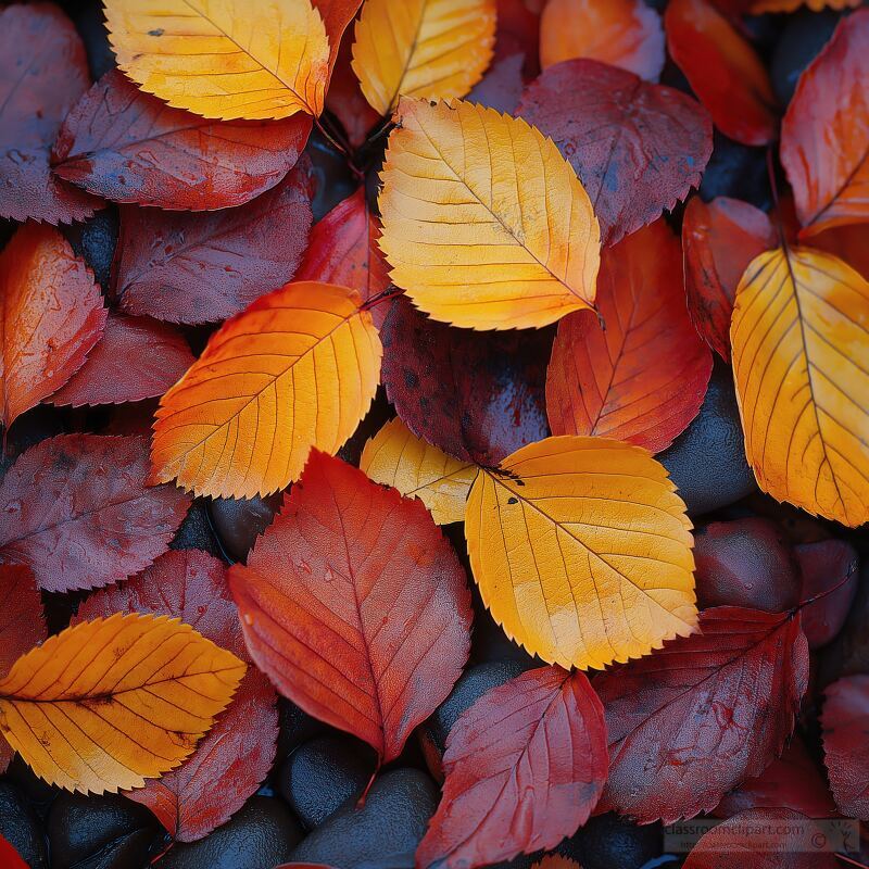 Bright orange and red leaves cover smooth stones showcasing the beauty of autumn. The leaves vary in shape and size adding depth to the natural arrangement on the ground.