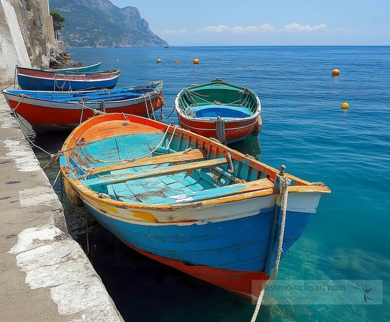 Brightly painted fishing boats are moored along the serene waters of the Amalfi Coast surrounded by stunning cliffs and a clear blue sky