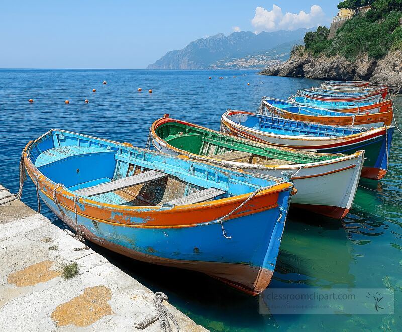 Brightly colored fishing boats are docked along the picturesque Amalfi Coast reflecting the stunning blue waters and mountains under a clear sky