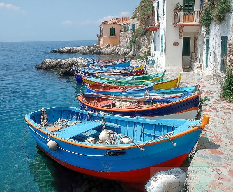 Brightly colored fishing boats are lined up along the tranquil waters of the Amalfi Coast The vibrant hues contrast beautifully with the coastal scenery and rocky shoreline