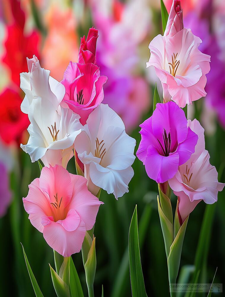 A stunning garden showcases an array of gladiolus flowers featuring vibrant shades of pink purple and white. The tall graceful petals stand out against lush green leaves.