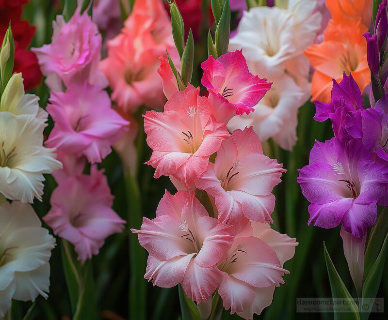 A garden bursts with colorful gladiolus flowers showcasing pink purple white and red hues. The elegant petals create a breathtaking display of nature