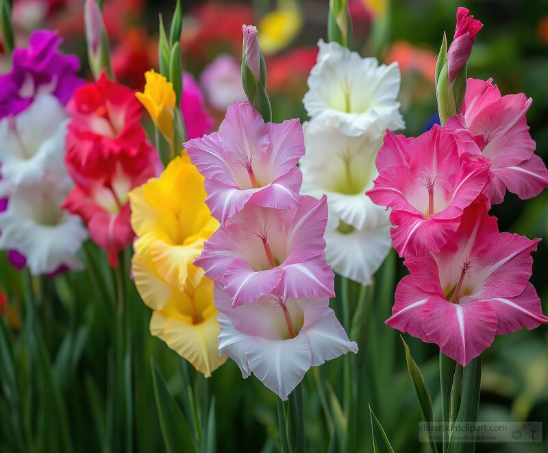 A garden blooms with an array of colorful gladiolus flowers showcasing shades of pink purple white and red. The elegant petals stand tall among lush green leaves highlighting nature