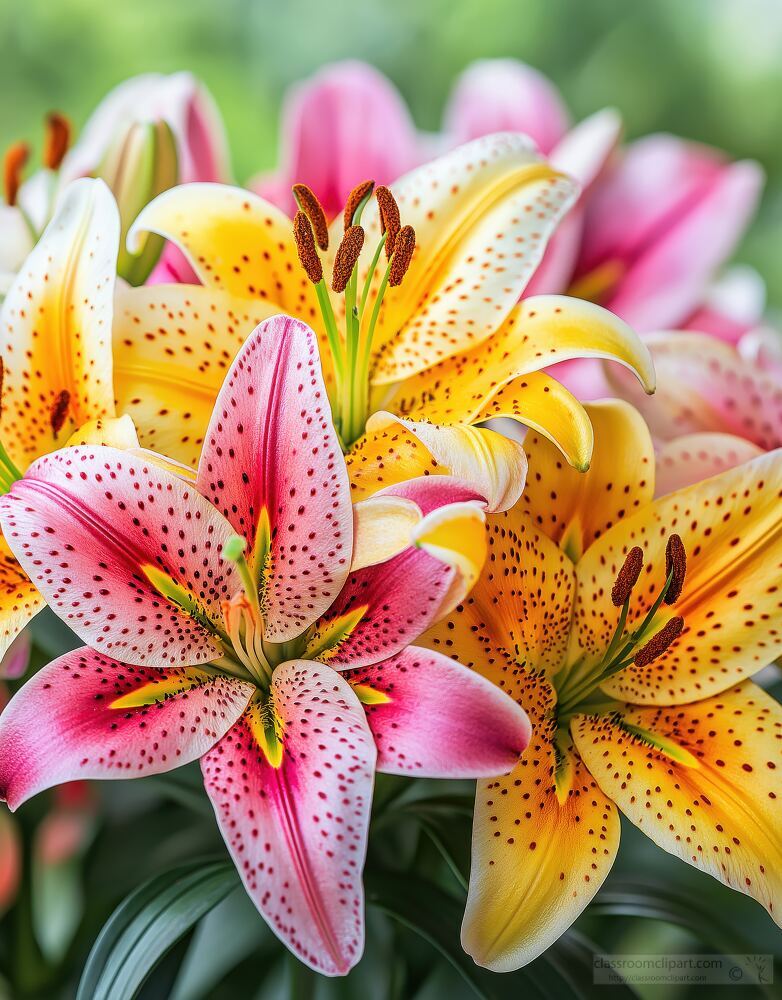 Vibrant lilies in shades of pink and yellow fill the garden with their beauty. These herbaceous flowers showcase striking spots and a lush green backdrop during springtime.