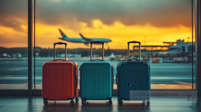 Three vibrant pieces of luggage are lined up against a large window showcasing their colors against a dramatic sunset backdrop outside the airport An airplane can be seen in the distance