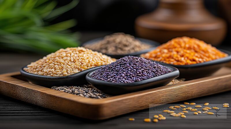 Various types of mixed grains are arranged neatly on a wooden tray The grains include yellow lentils black sesame seeds and orange and purple varieties showcasing their natural colors