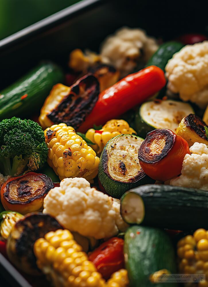 A colorful array of broccoli cauliflower zucchini corn green peppers and potatoes is roasted in a baking pan.