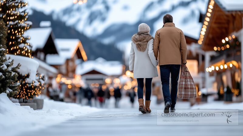 A couple walks hand in hand through a beautifully decorated winter market Surrounding snow and festive lights create a cozy atmosphere The mountains in the background enhance the scene